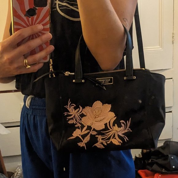 Kate Spade - Black Crossbody Mini Bag w/ Pink Floral Embroidery & Gold Hardware - Picture 6 of 6